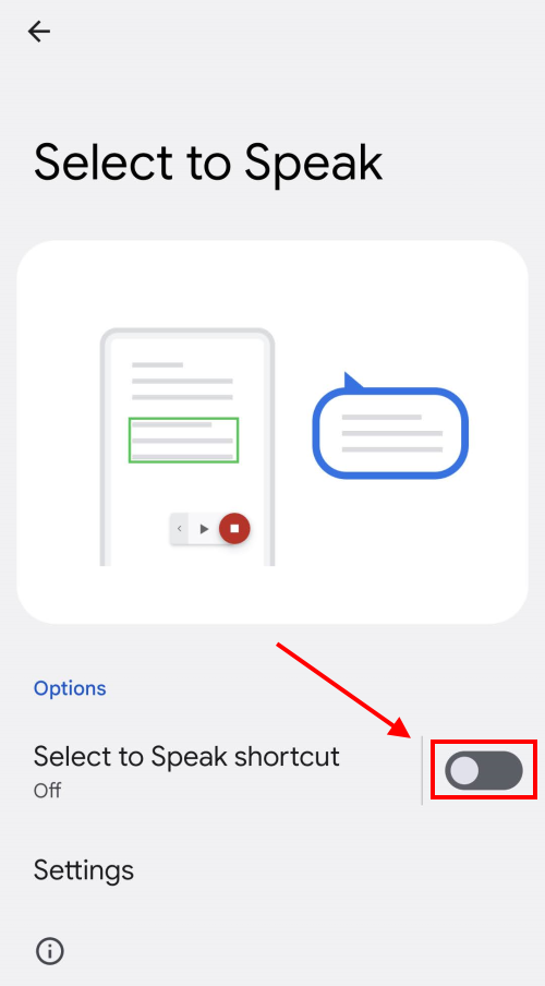 Tap the toggle switch for Select to Speak shortcut to turn it on
